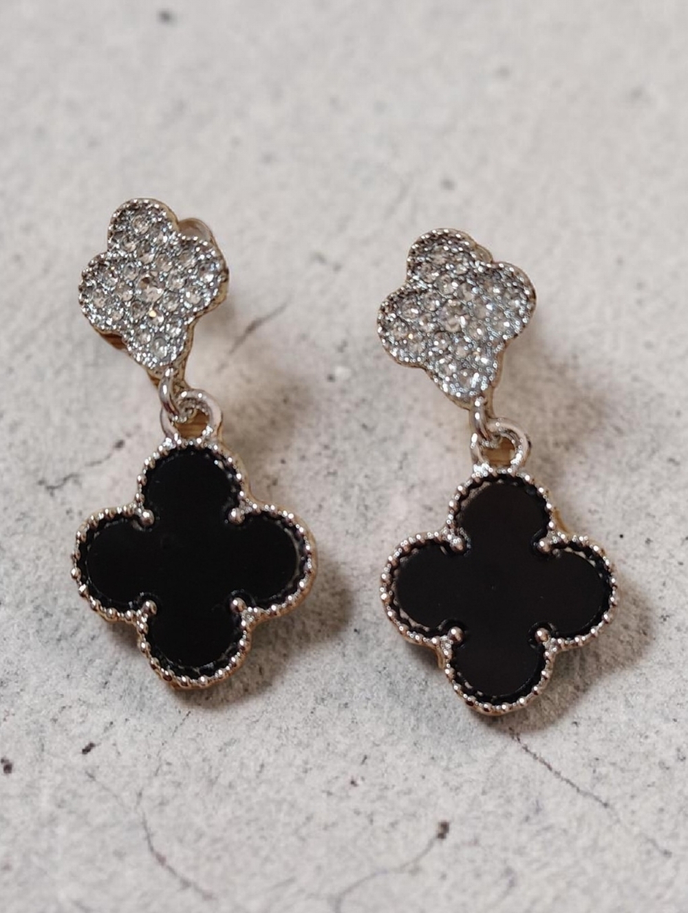 New Elegant Black/Silver  Clover Drop Earrings with Crystal Studs